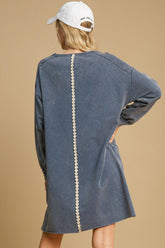 Umgee Peace Lace Applique Frayed Hem French Terry Mini Dress OutfitFlow